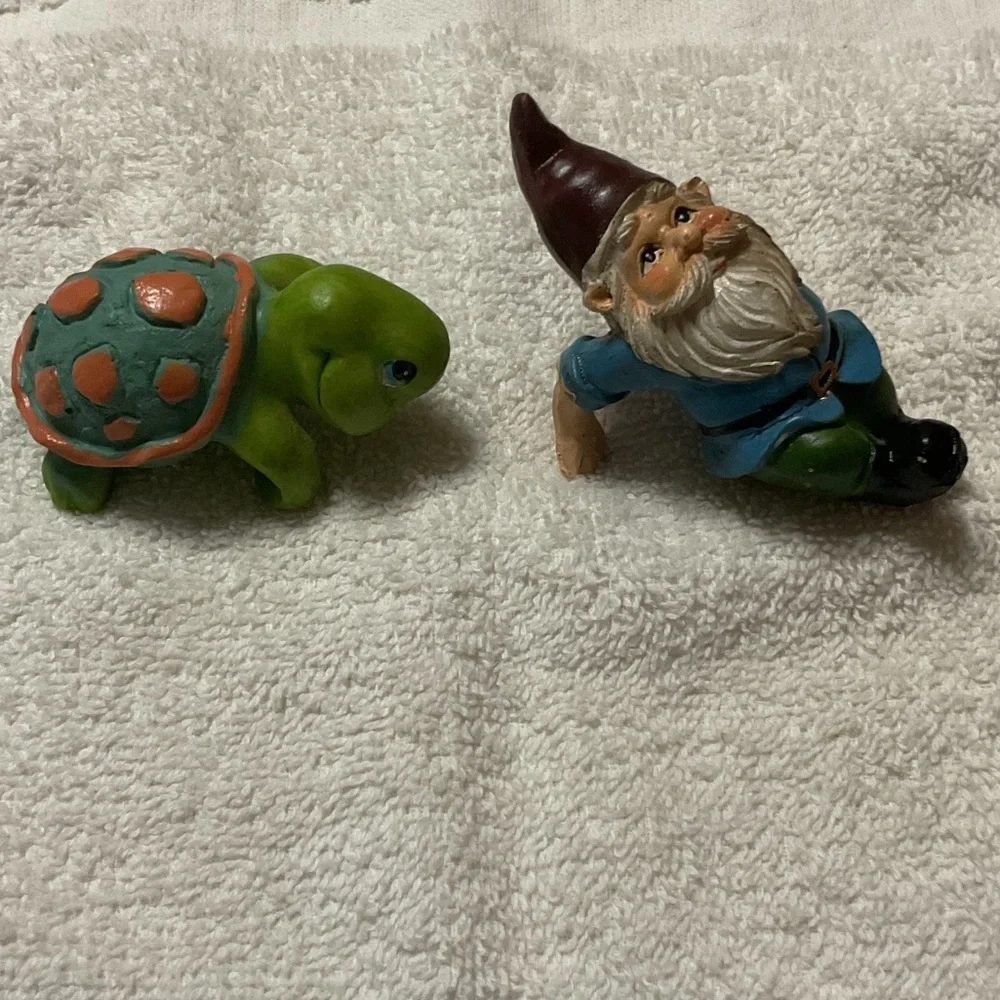 Green Turtle and Blue Gnome Figurine Set plant or shelve hangers.